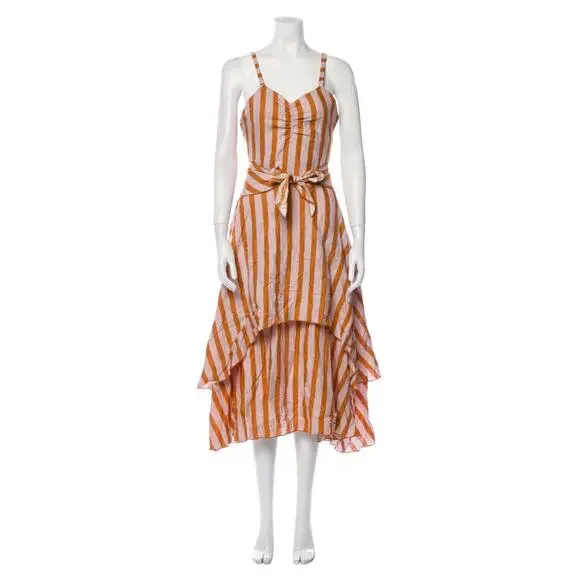 B51 Posse Striped Linen Midi Dress XS Layered Tie Waist Resort Flowy Cruise - Picture 2 of 10